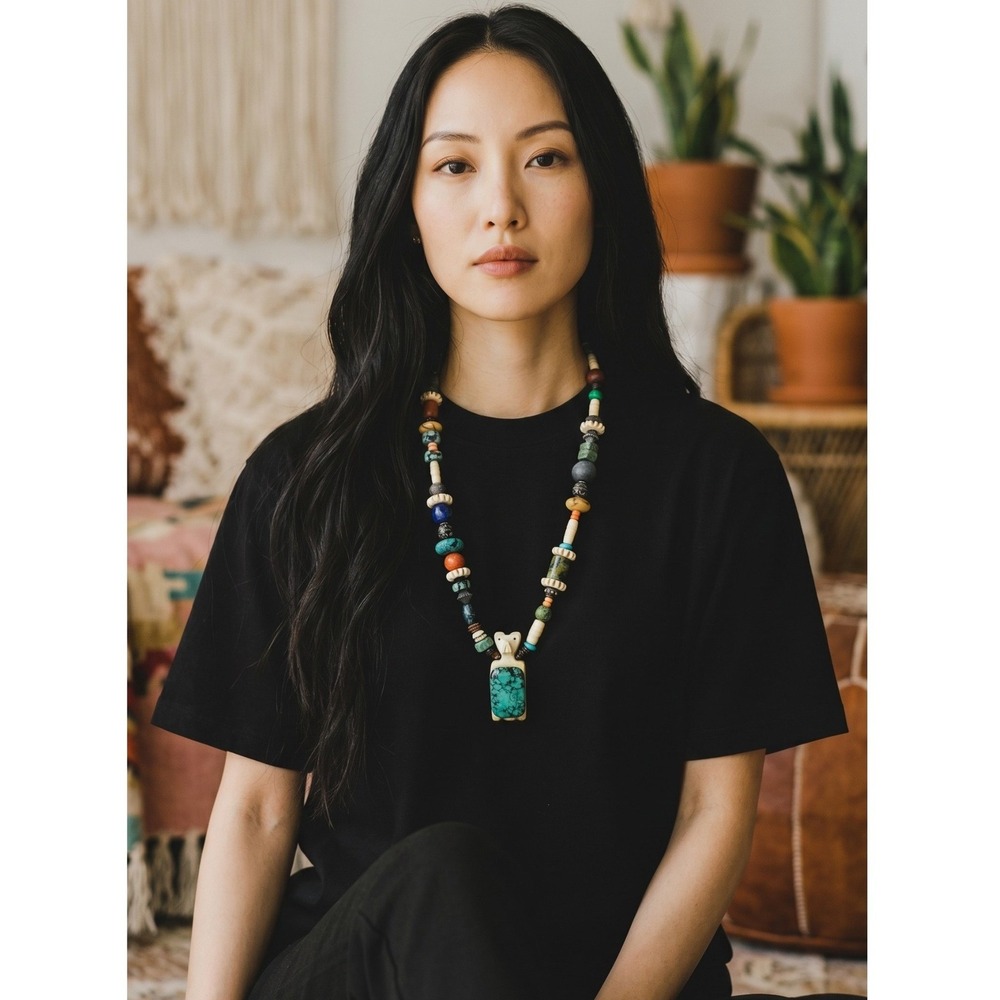 Handmade Beaded Bear Fetish Necklace Turquoise Lapis‎ Bone Stone Southwestern